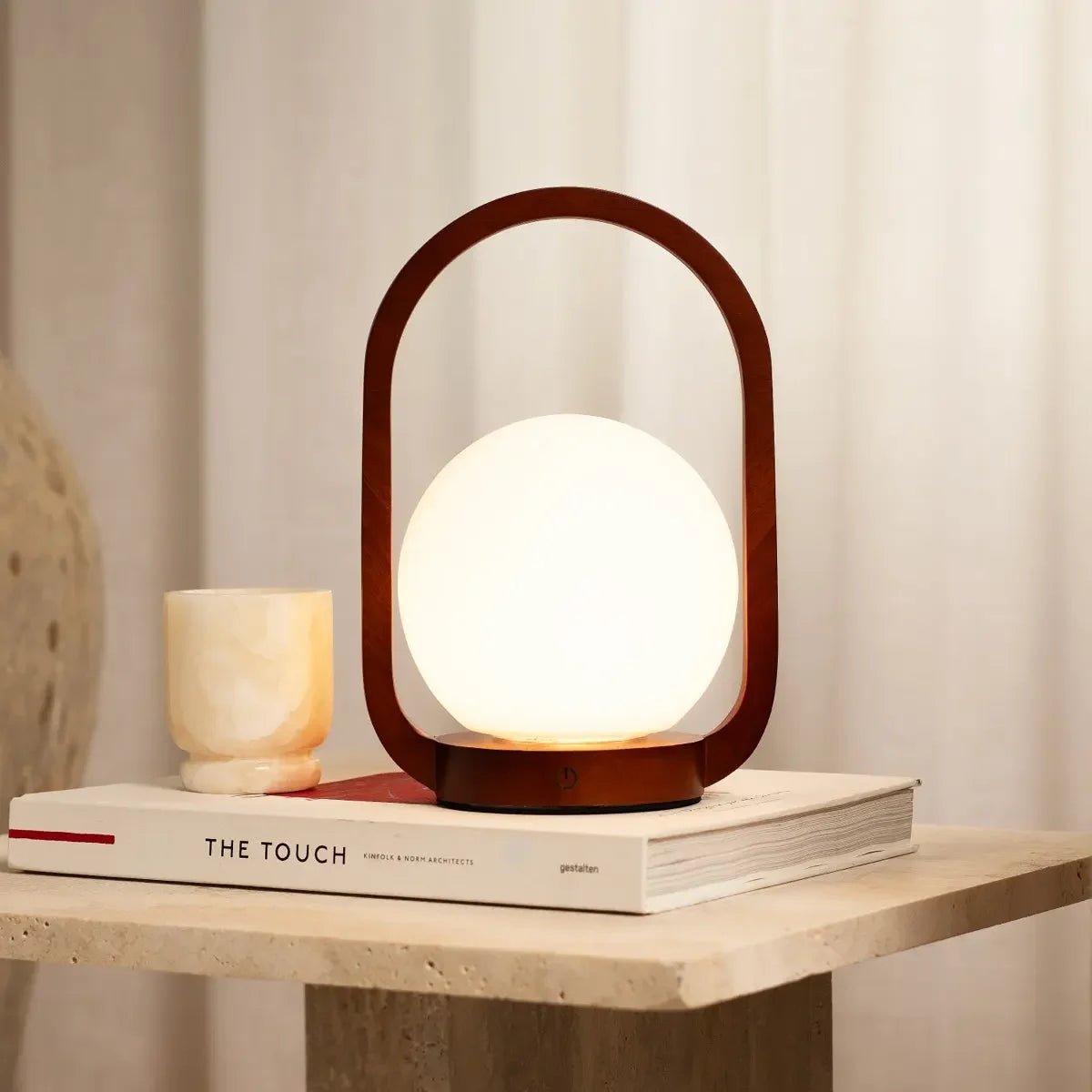 Wooden Cordless Table Lamp – Chestnut Brown, Rechargeable & Dimmable