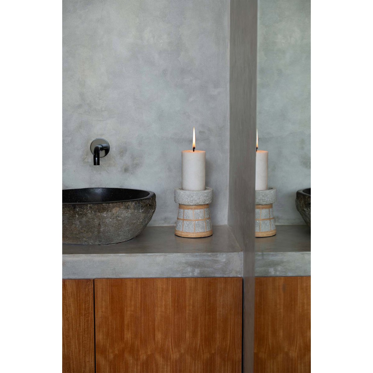 Concrete Tea Light Holder - Natural Rattan Grid Design - Medium