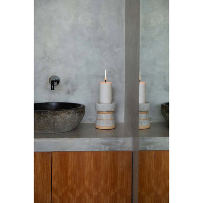 Concrete Tea Light Holder - Natural Rattan Grid Design - Medium