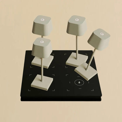 Set combinado profesional | 4 lámparas de mesa recargables Sarphati Mini Shadow Grey para hostelería y 1 estación de carga Amstel