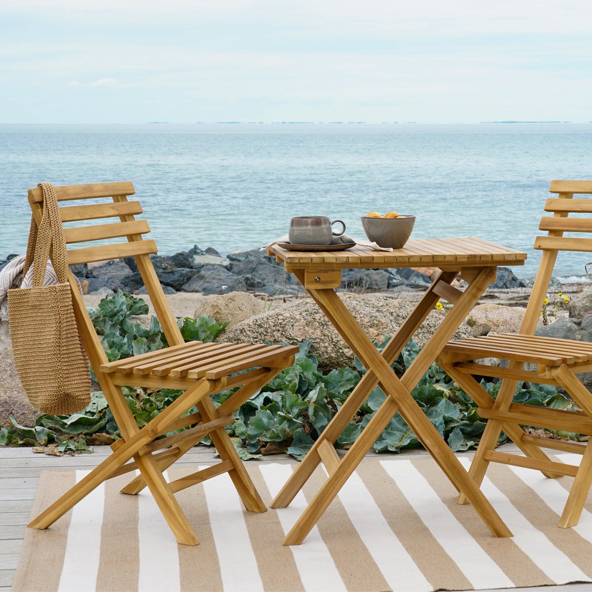 Teak Café Set - Natural Wood Outdoor Set with 2 Chairs & Table