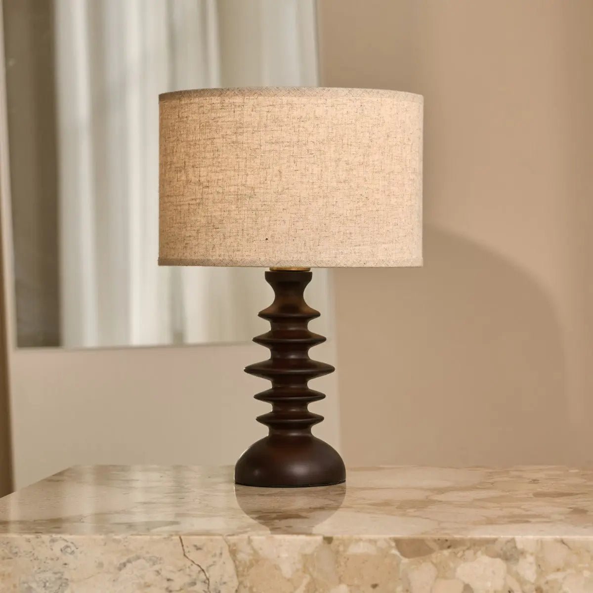 Bodhi Dark Brown Wooden Lamp with Beige Lampshade – Elegant Lighting for Any Room