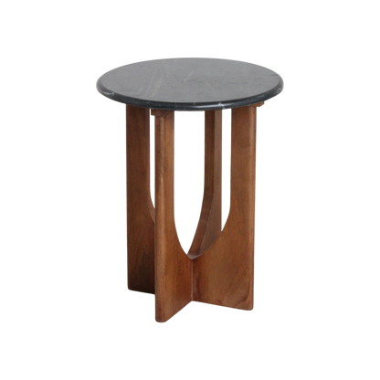 Black Marble Side Table – Mango Wood Base, Modern Accent