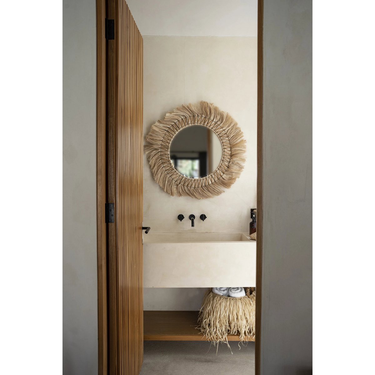 Rattan Wall Mirror - Natural Feathered Grass Fringe - 90cm