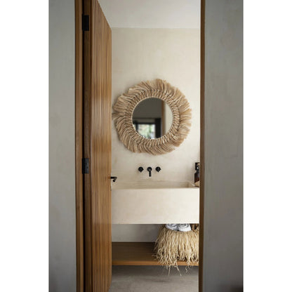 Rattan Wall Mirror - Natural Feathered Grass Fringe - 90cm