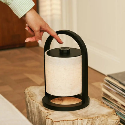 Black Wood Rechargeable Table Lamp | Linen Shade & 100-Hour Battery