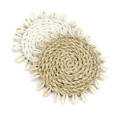 Seagrass Coaster with Shells – Coastal Drink Coaster, White