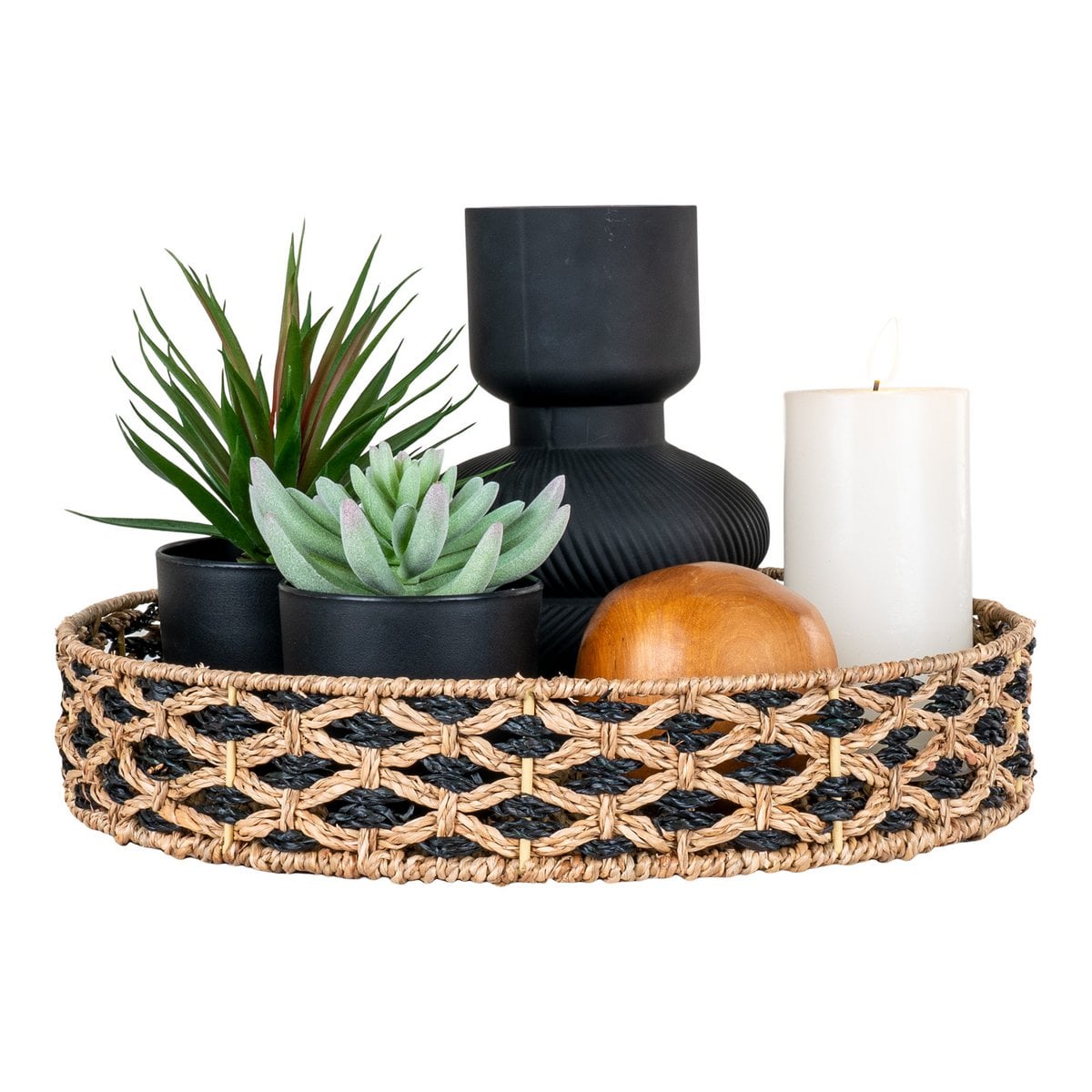 Seagrass Serving Tray - Black and Natural Woven Design - 38cm