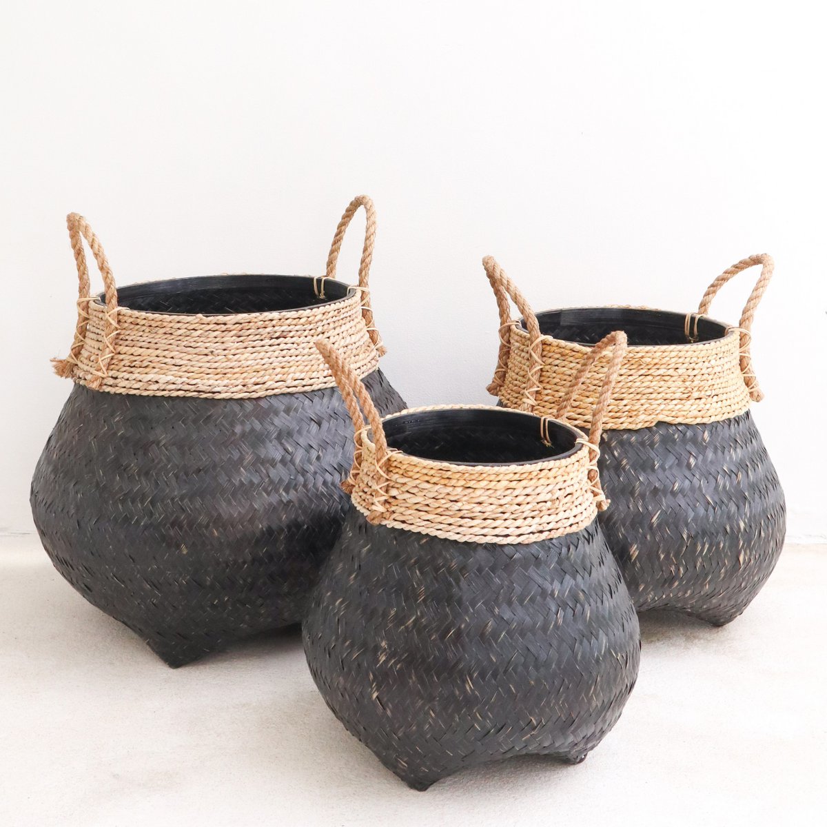 Bamboo & Seagrass Basket - Black Hand-Woven Decorative Plant Basket