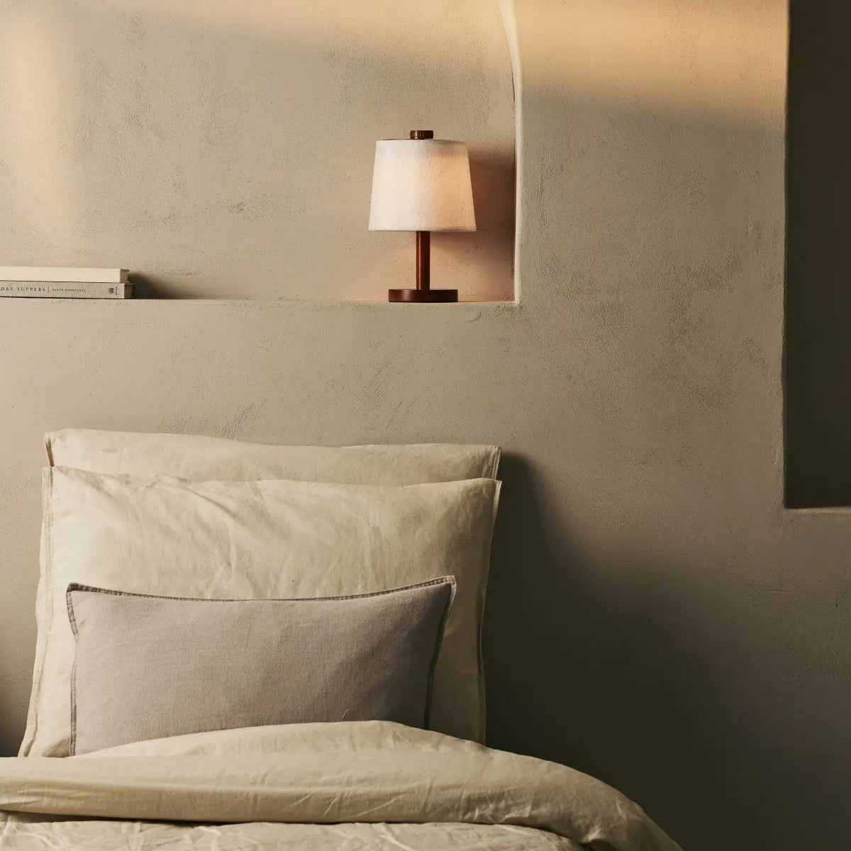 Rover Chestnut Brown Wooden Rechargeable Lamp | Cordless, Dimmable & Linen Blend