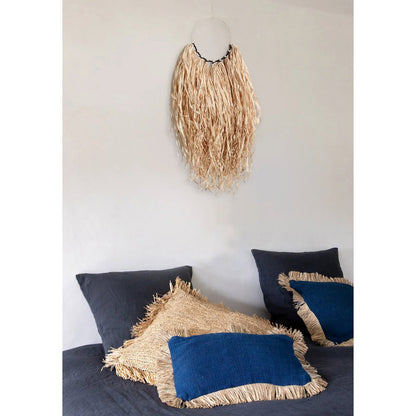 Raffia Cushion Cover - Blue Natural Fringe, 30x50cm