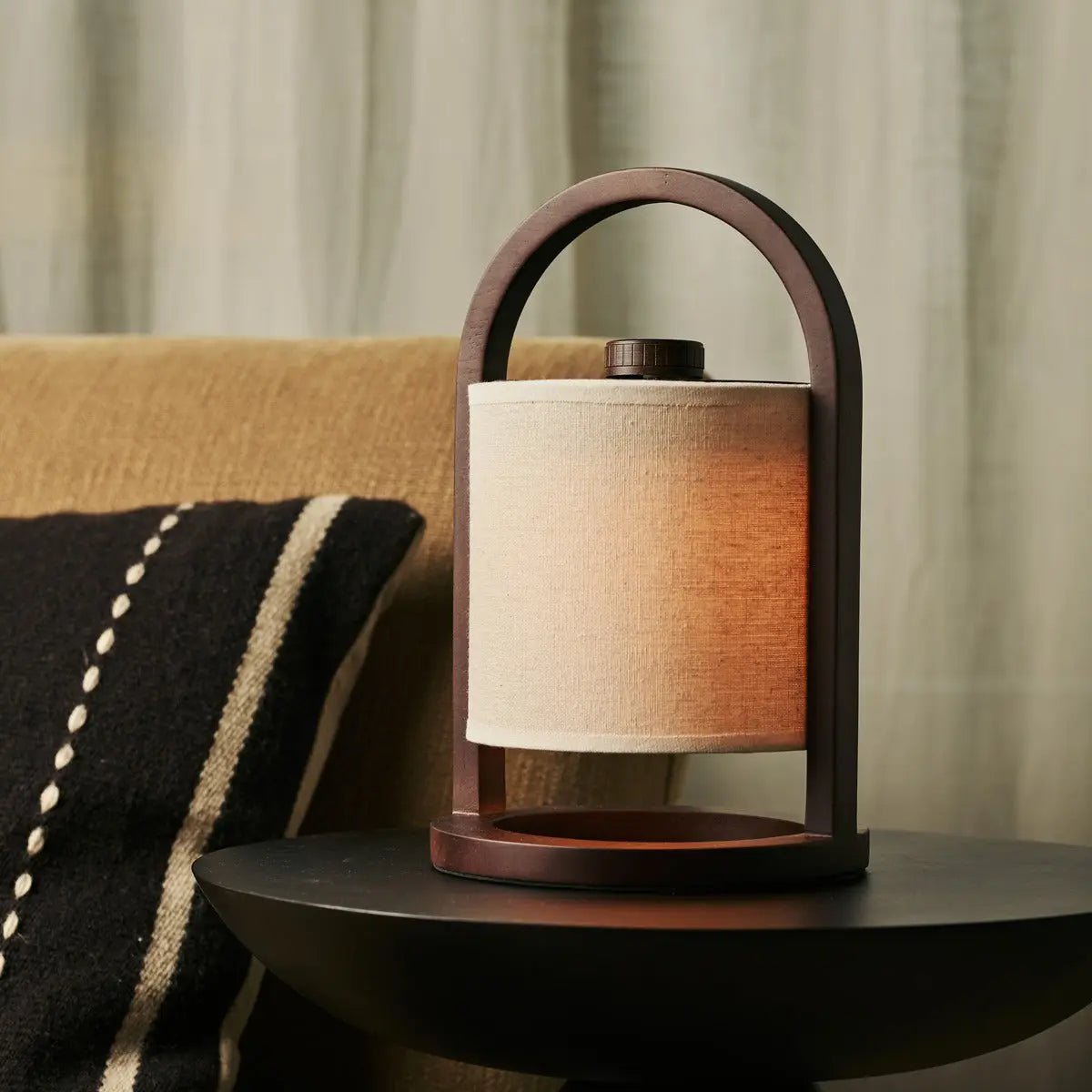 Wooden Rechargeable Table Lamp - Dark Brown Linen Blend, 100-Hour Battery