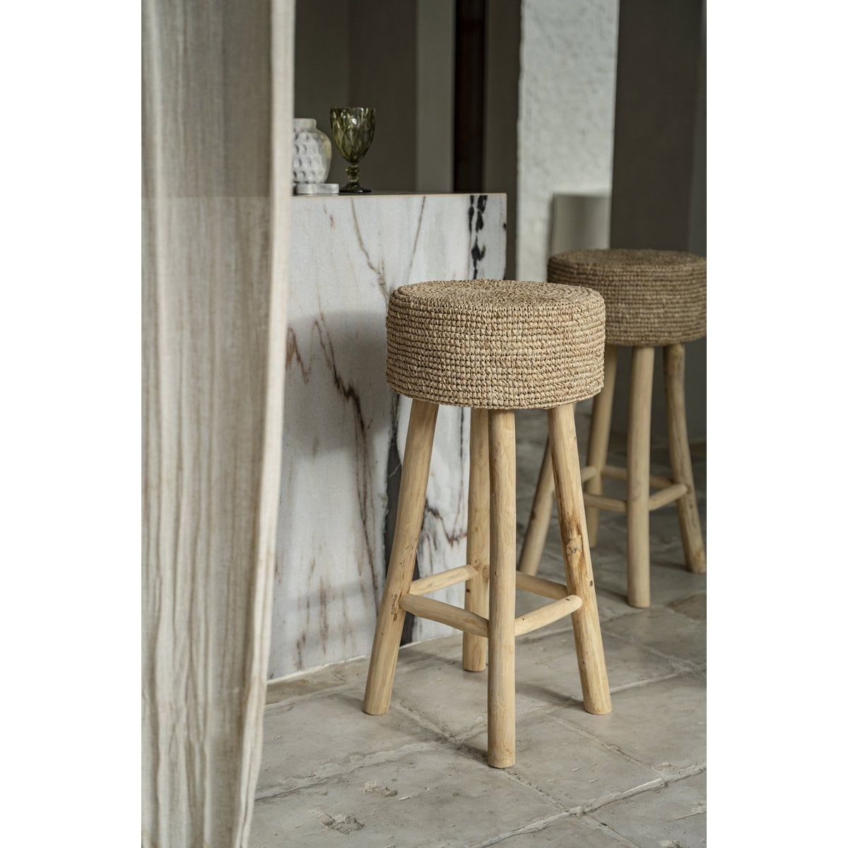 Raffia Bar Stool - Natural Teak & Woven Seat