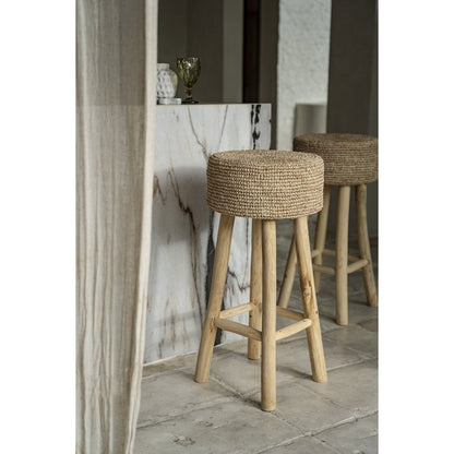 Raffia Bar Stool - Natural Teak & Woven Seat