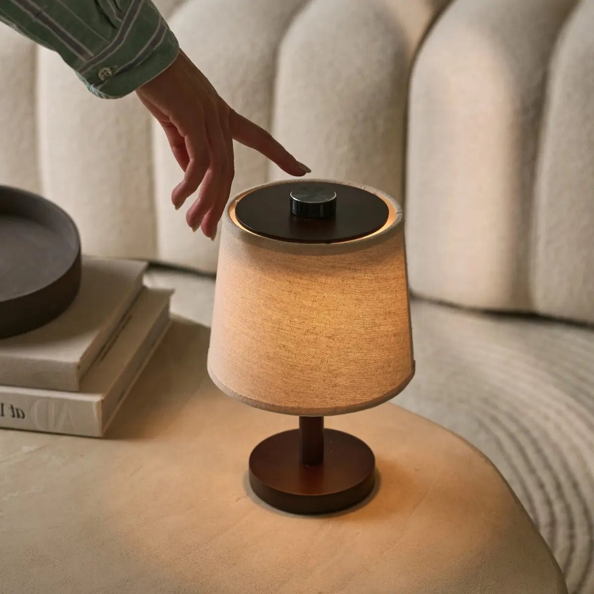 Rover Dark Brown Wooden Rechargeable Lamp | Cordless, Dimmable & Linen Blend