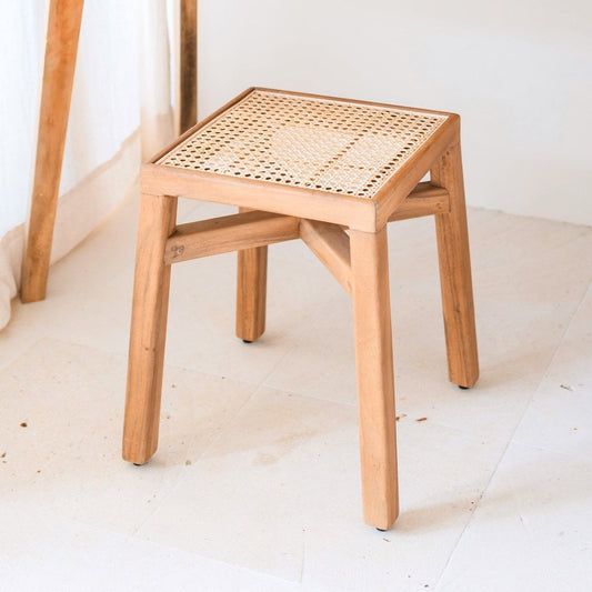 Wooden Stool – Solid Rectangular Stool – Handmade Square Stool Made of Rain Tree Wood with Woven Rattan Seating Surface SUBANG