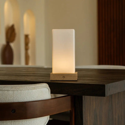 Zayn Light Brown Wooden Rechargeable Table Lamp | Dimmable, Glass & Cordless