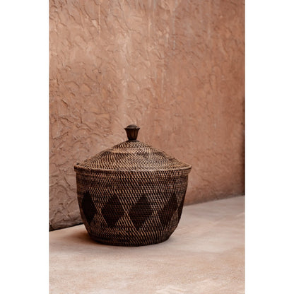 Rattan Storage Basket - Natural Brown Crown Lid Design