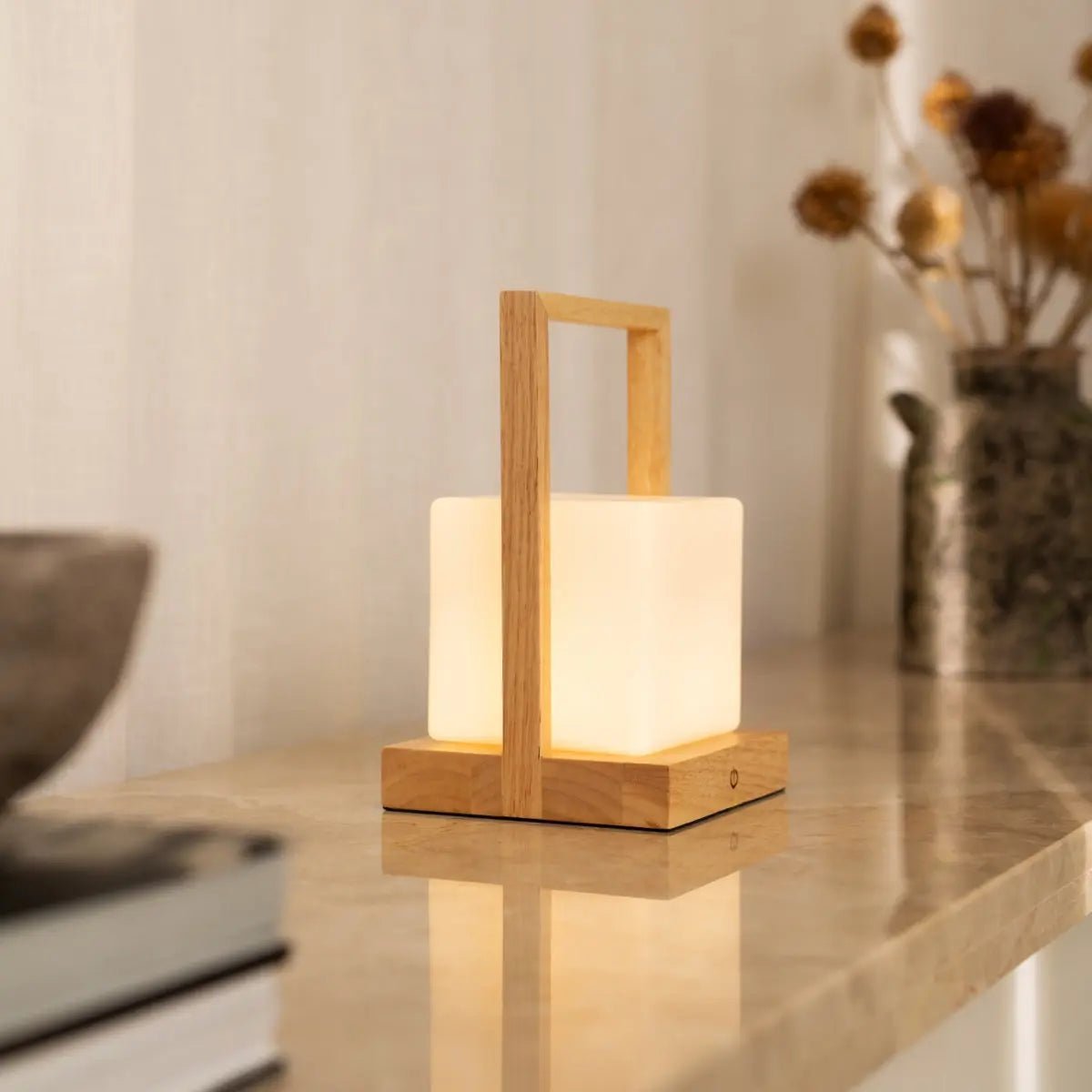 Rubberwood Table Lamp - Light Brown Cordless Dimmable Rechargeable