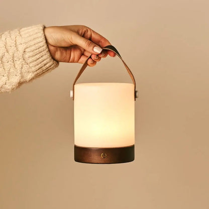 Avery Dark Brown Rechargeable Wooden Table Lamp | Leather Strap, Cordless & Dimmable