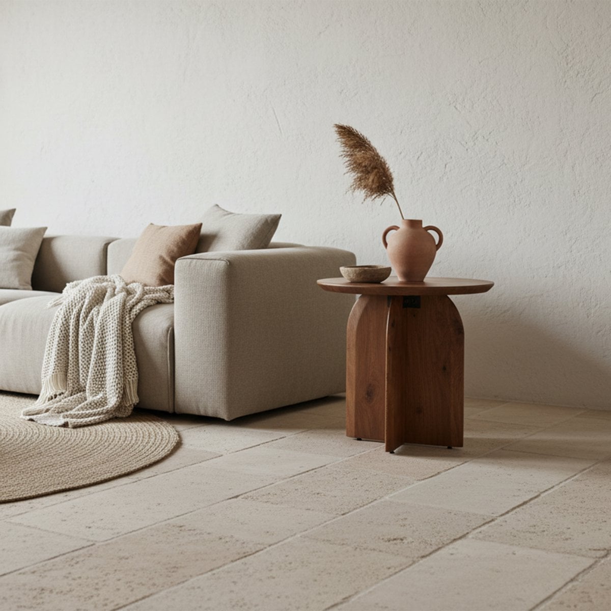 Mango Wood Side Table - Round Bullnose Accent Table, 50 cm