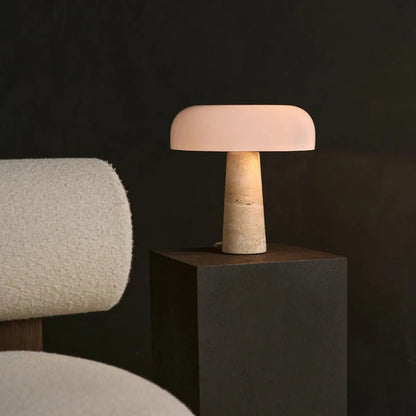 Travertine Table Lamp with Glass Shade - Elegant Natural Stone Design