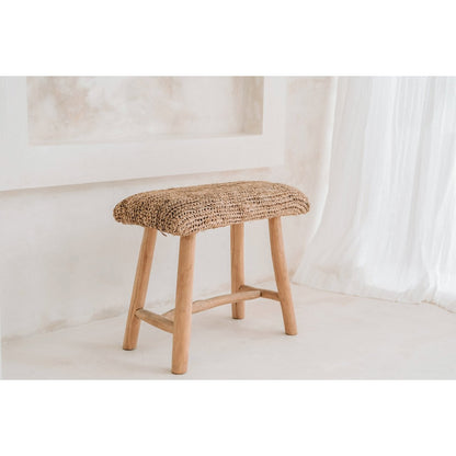 Teak Raffia Bench - Natural Woven Accent Bench for Indoors
