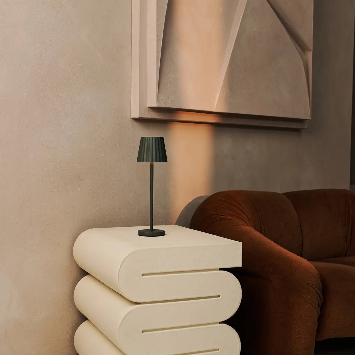 Olive Green Table Lamp - Ribbed, Rechargeable, 3 Light Modes