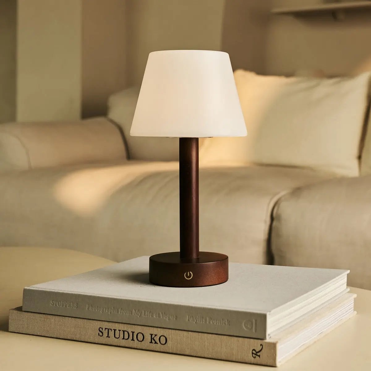 Zoë Dark Brown Wooden Rechargeable Table Lamp | Dimmable, USB-C, 80-Hour Battery