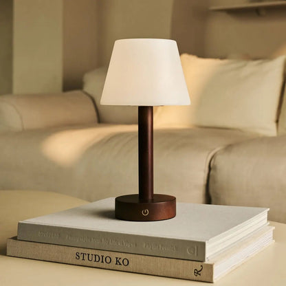 Zoë Dark Brown Wooden Rechargeable Table Lamp | Dimmable, USB-C, 80-Hour Battery