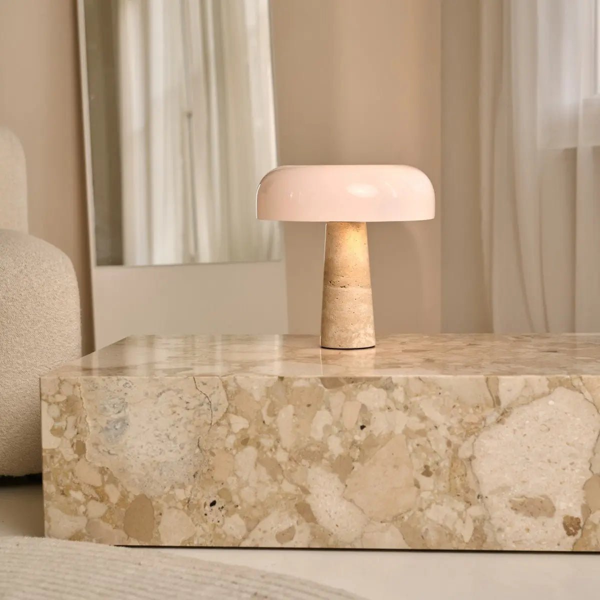 Travertine Table Lamp with Glass Shade - Elegant Natural Stone Design