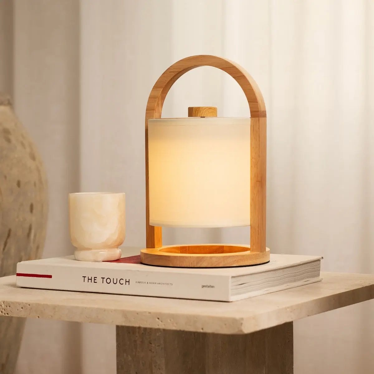 River Light Brown Wooden Rechargeable Lamp | Linen Blend, Versatile & Up to 100 Hours of Battery Life