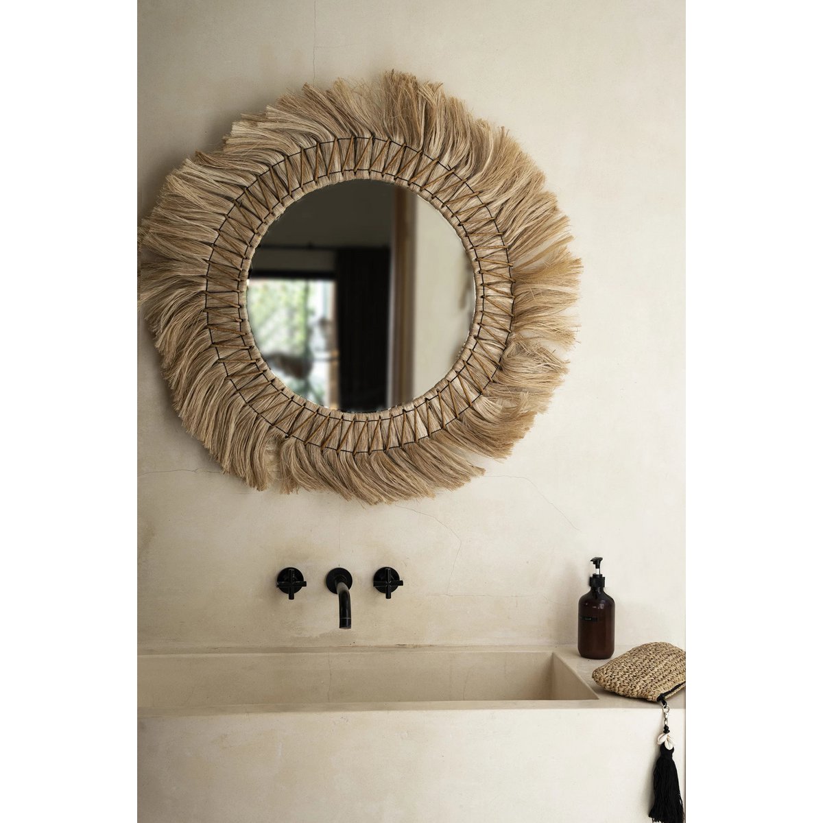 Rattan Wall Mirror - Natural Feathered Grass Fringe - 90cm