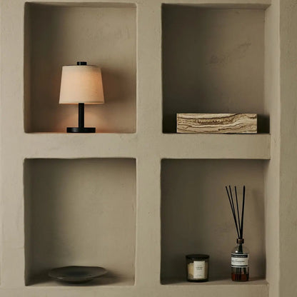 Black Wooden Table Lamp - Cordless Rechargeable Linen Shade