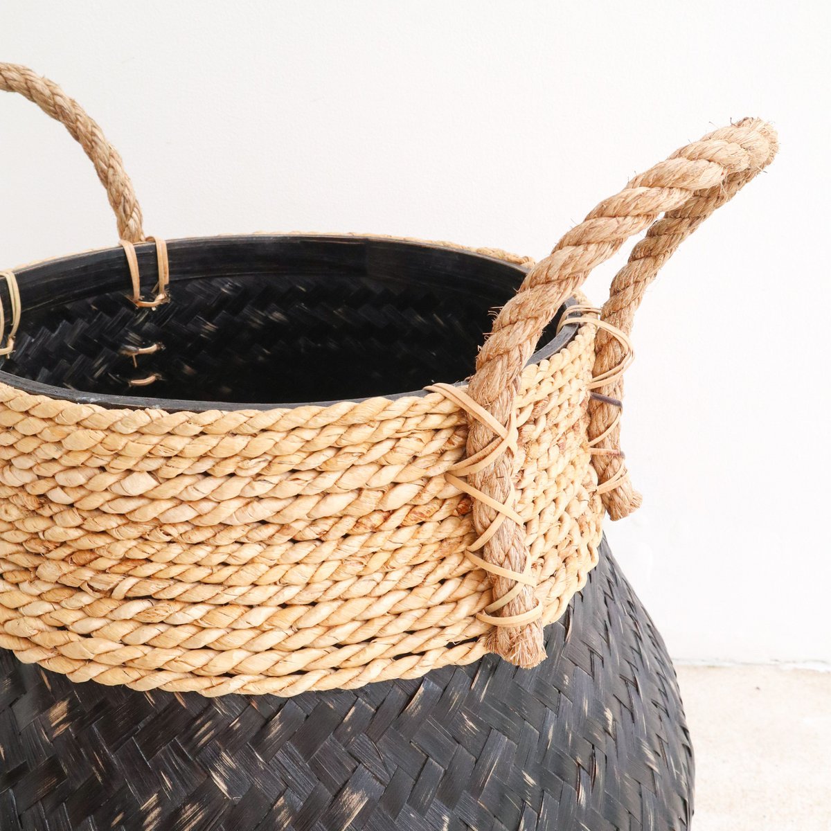 Bamboo & Seagrass Basket - Black Hand-Woven Decorative Plant Basket