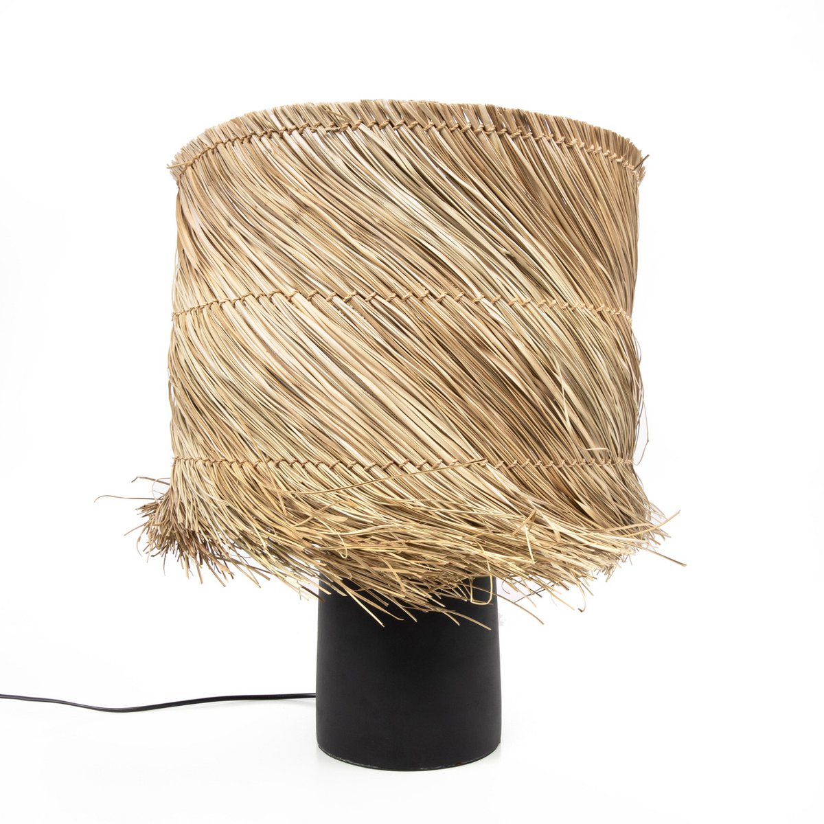 Woven Table Lamp - Black Natural Pandan Shade with Sisal Fringe