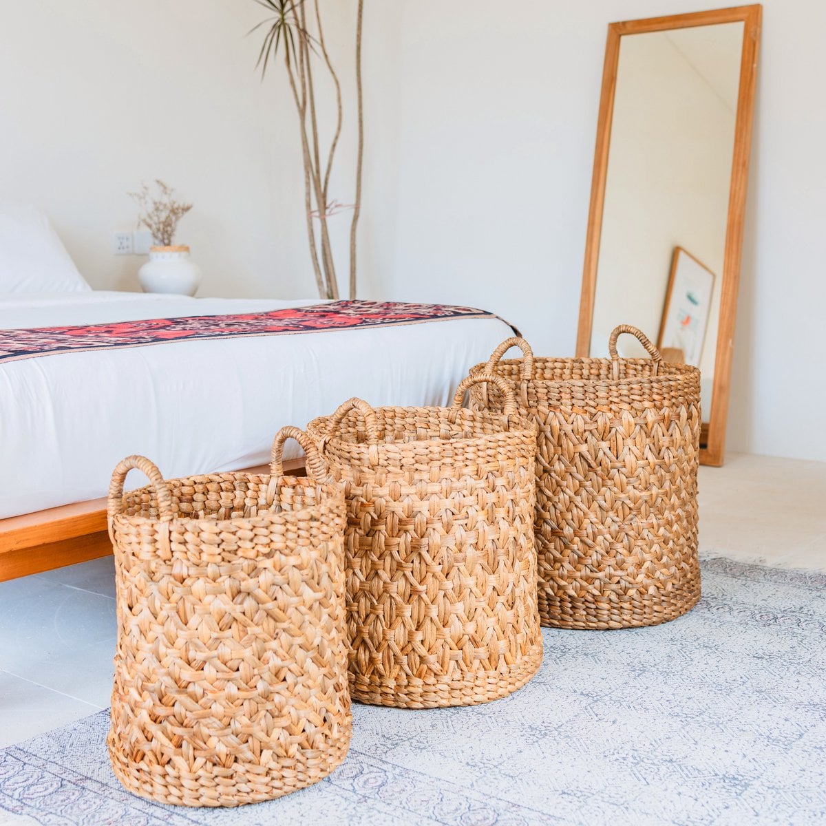 Water Hyacinth Laundry Basket - Boho Woven Hamper - Brown