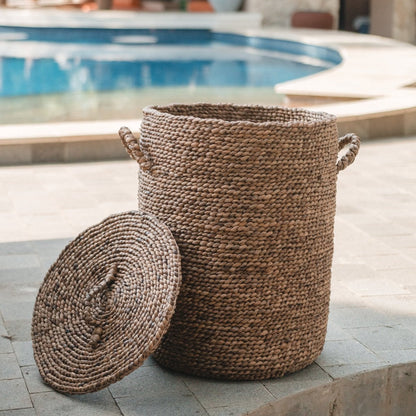 Water Hyacinth Storage Basket with Lid – Handwoven Ikat Laundry Bin