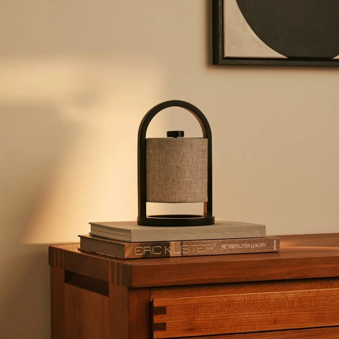 Wooden Rechargeable Table Lamp - Black & Grey Linen Blend, Cordless