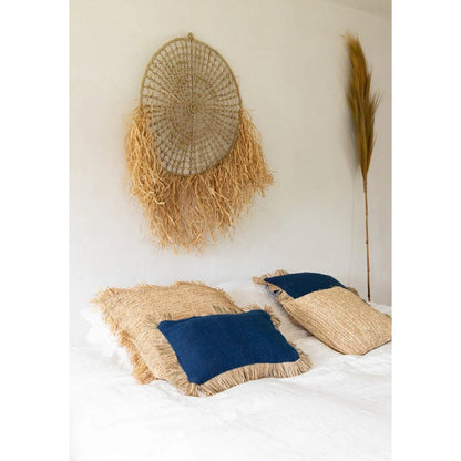 Raffia Cushion Cover - Blue Natural Fringe, 30x50cm