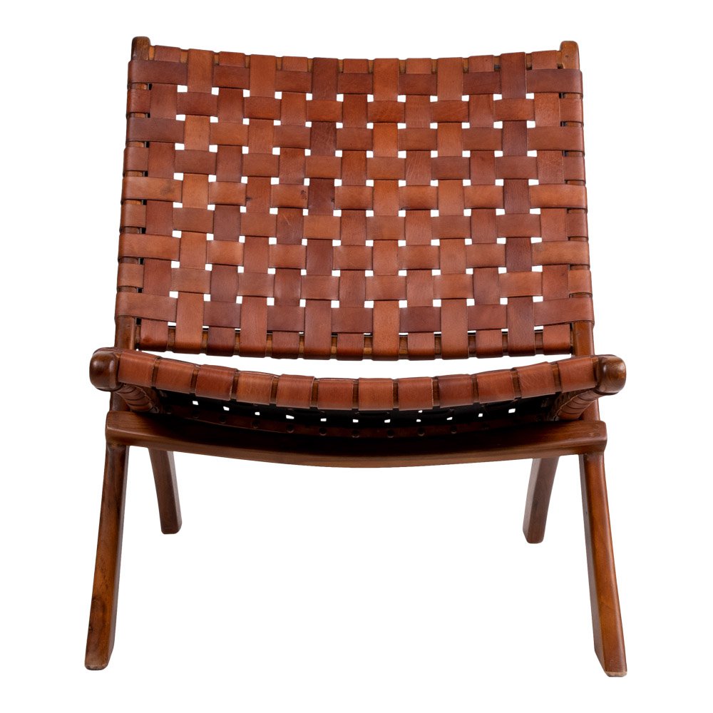 Teak Wood Folding Chair - Brown Leather Seat, 66x74x73 cm
