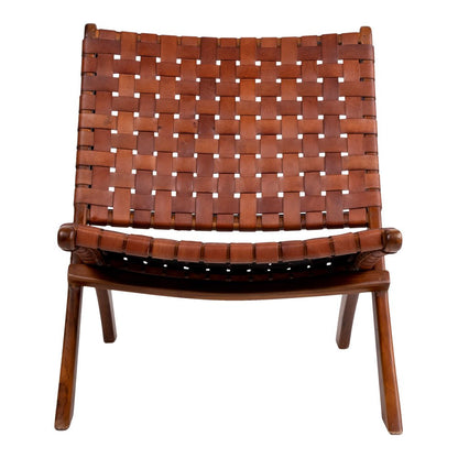 Teak Wood Folding Chair - Brown Leather Seat, 66x74x73 cm