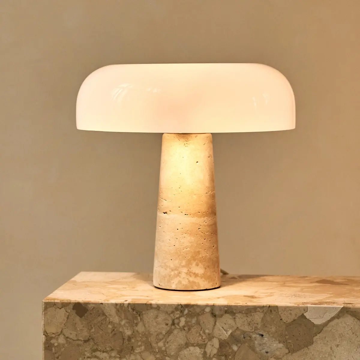 Travertine Table Lamp with Glass Shade - Elegant Natural Stone Design