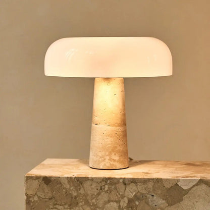 Travertine Table Lamp with Glass Shade - Elegant Natural Stone Design
