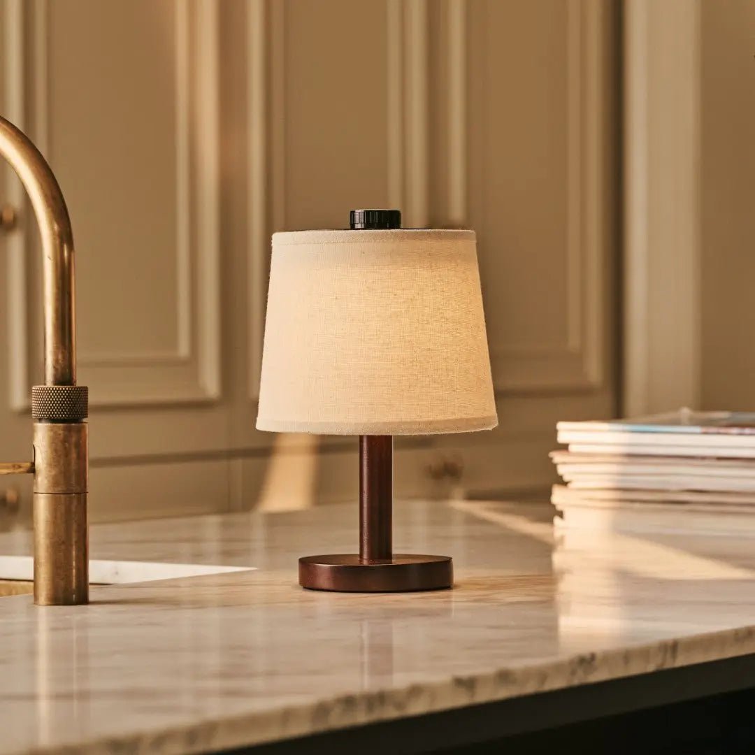 Rover Dark Brown Wooden Rechargeable Lamp | Cordless, Dimmable & Linen Blend