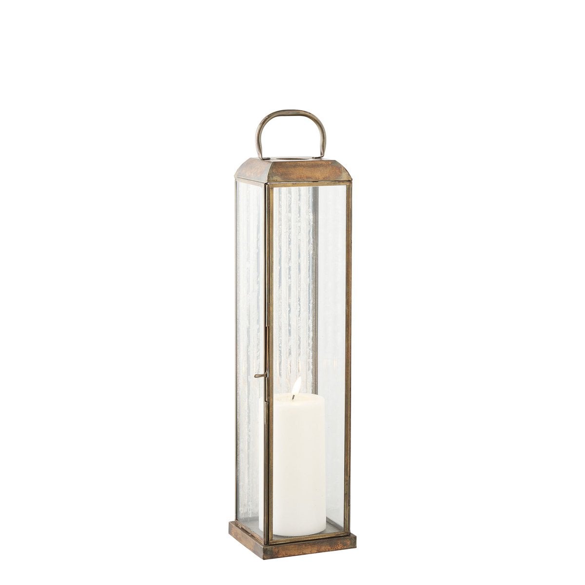 Antique Brass Metal Lantern - Glass Herslev Lantern, 12x12x49 cm