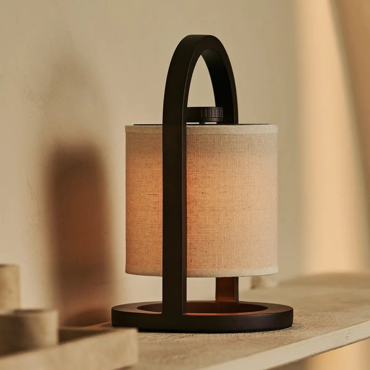 Wooden Rechargeable Table Lamp - Dark Brown Linen Blend, 100-Hour Battery