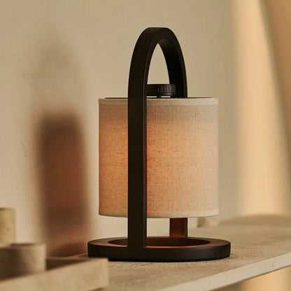 Wooden Rechargeable Table Lamp - Dark Brown Linen Blend, 100-Hour Battery