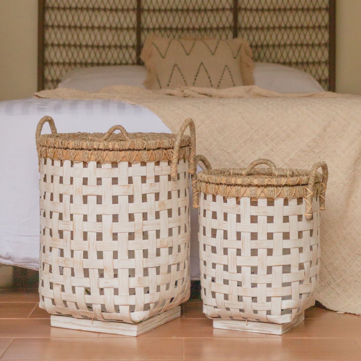 Bamboo Laundry Basket with Lid - Iraya - Natural Woven Design