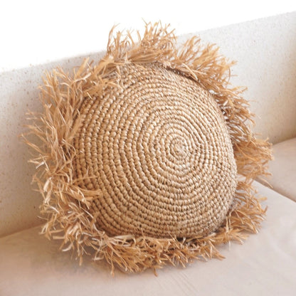 Raffia Throw Pillow - Round Boho Cushion with Fringes, 40/50 cm